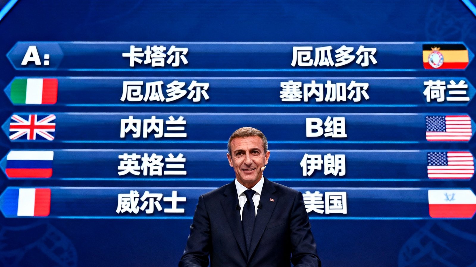 小组赛抽签仪式现场照片，国际足联官员手持抽签球，大屏幕上显示出各小组对阵名单